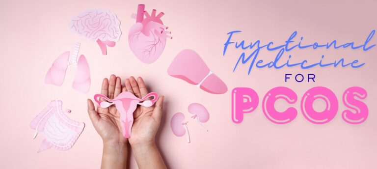 two hands hold a paper cut out of a uterus on a pink background, the text reads "functional medicine for PCOS"