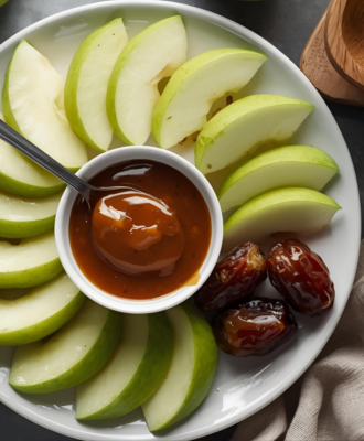 sliced green apples and 3 dates arranged in a circle on a plate. a bowl of caramel with a spoon in it sits in the middle