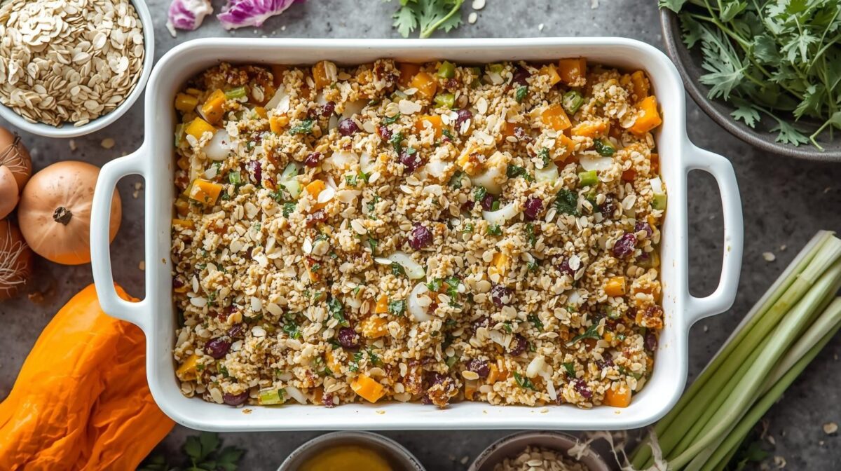 gluten free stuffing in a white baking dish with butternut squash and cranberries