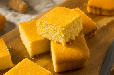 Cornbread squares stacked on a wooden tray