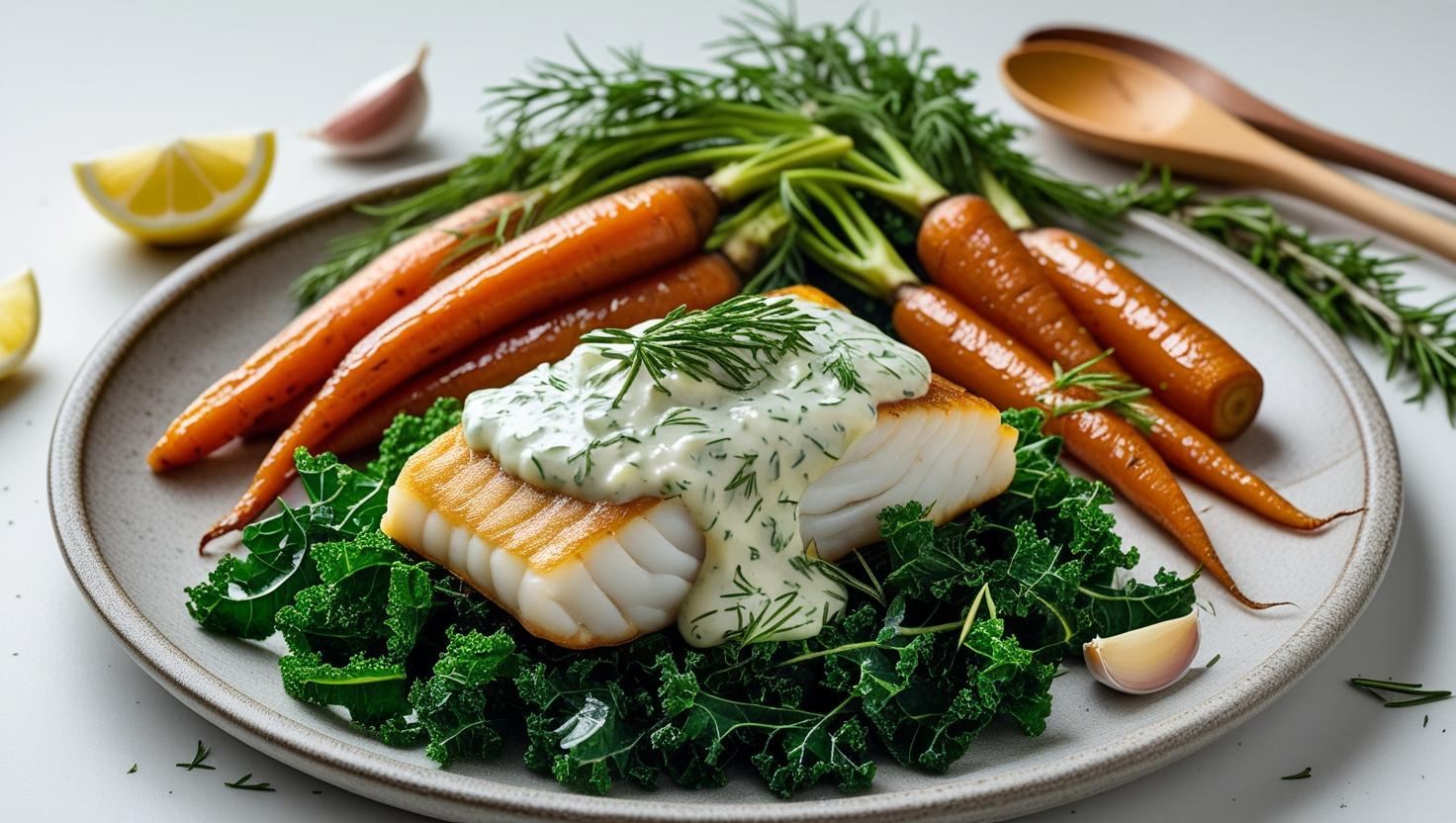Garden Harvest Recipe: Yogurt Herb Smothered White Fish with Crispy Kale & Honey Rosemary Carrots - 